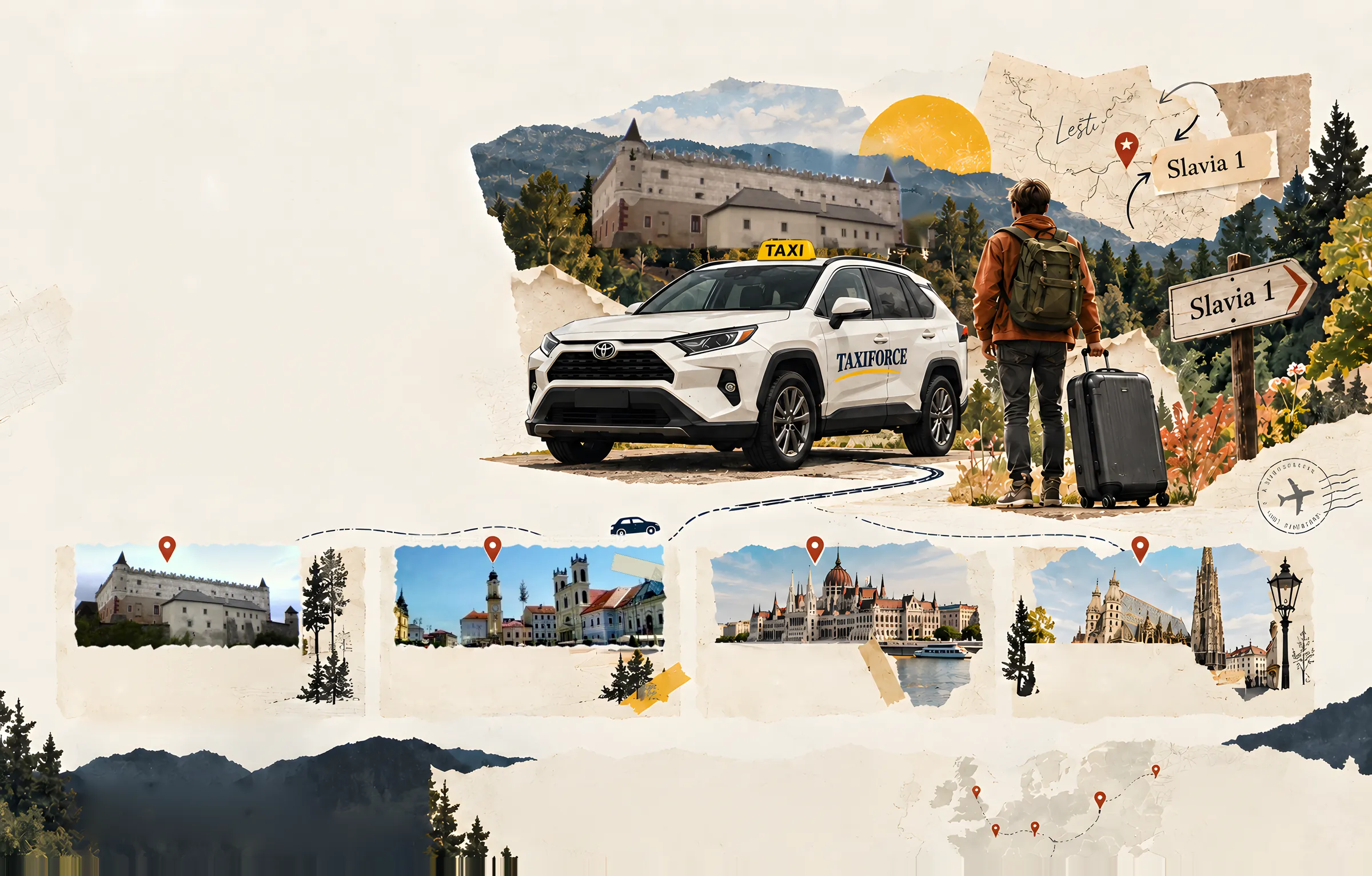 Taxi Toyota RAV4 de TaxiForce frente al castillo de Zvolen, un soldado con maleta y el cartel Slavia 1